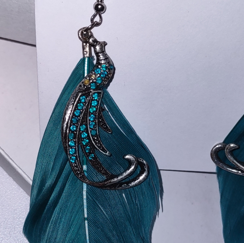 Teal Blue Feather Earrings with Jeweled Peacocks - Picture 6 of 13